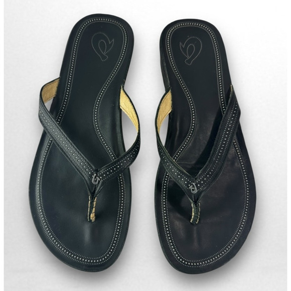 Olukai Ola Full Grain Leather Flip Flops Black Slides Women's Size 10 Sandals - Picture 14 of 14